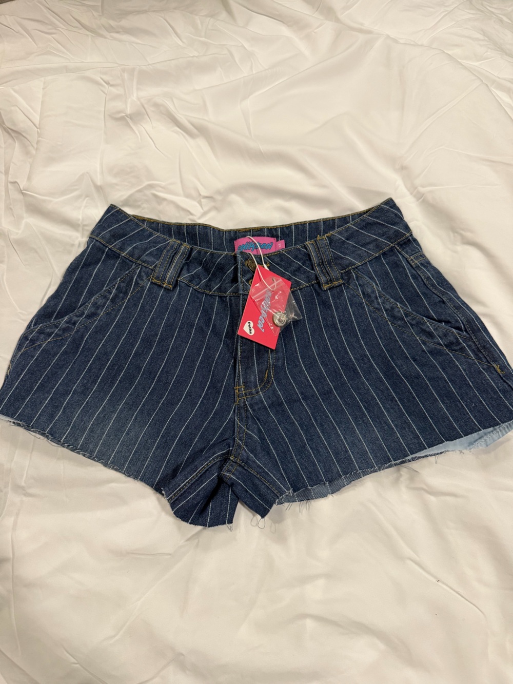 Edikted Navy Pinstripe High-Waist Denim Shorts
